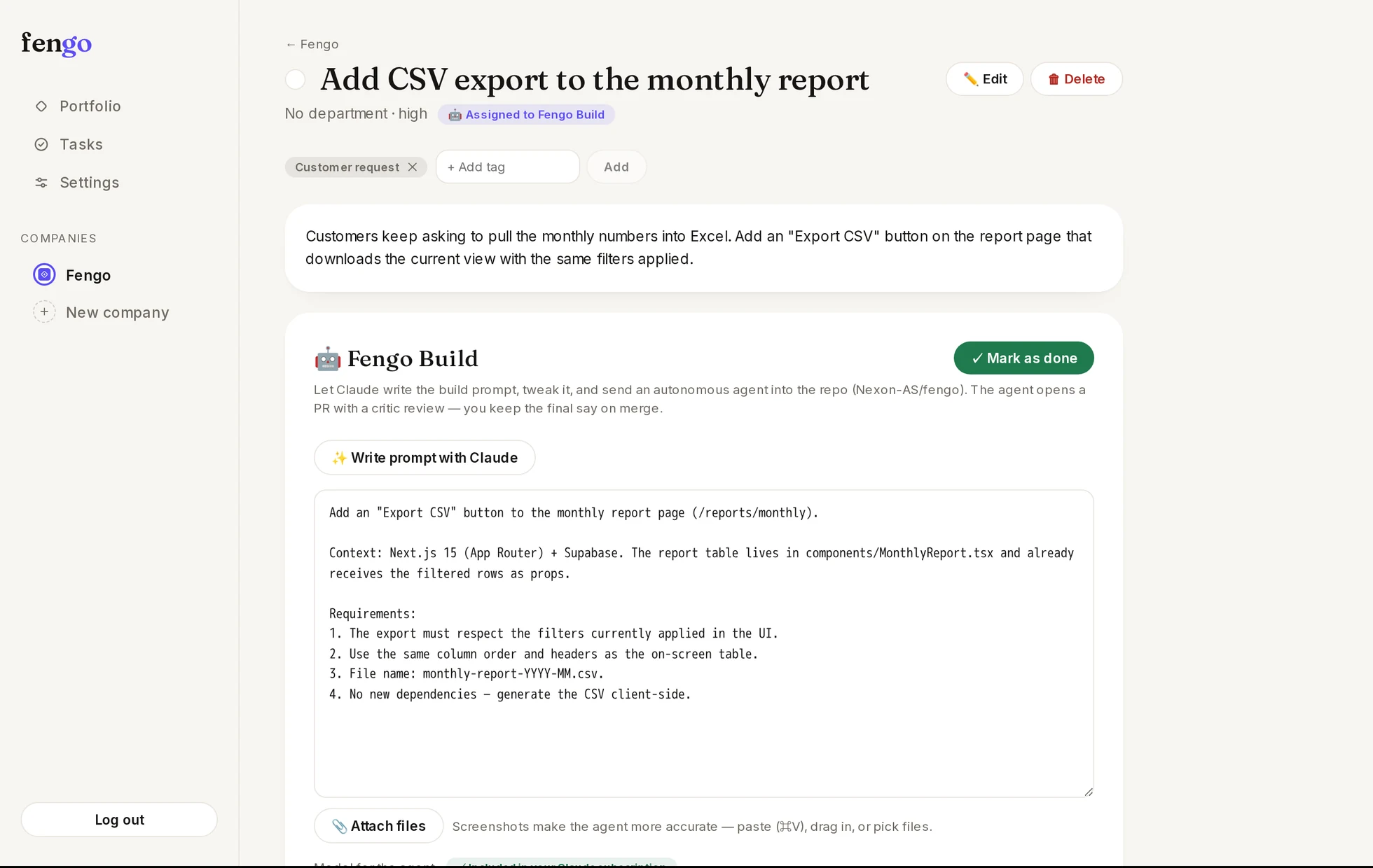 Screenshot from Fengo: a new task is described in plain language, and Fengo adds context about the GitHub repo, Supabase and tech stack before sending it to Fengo Build.