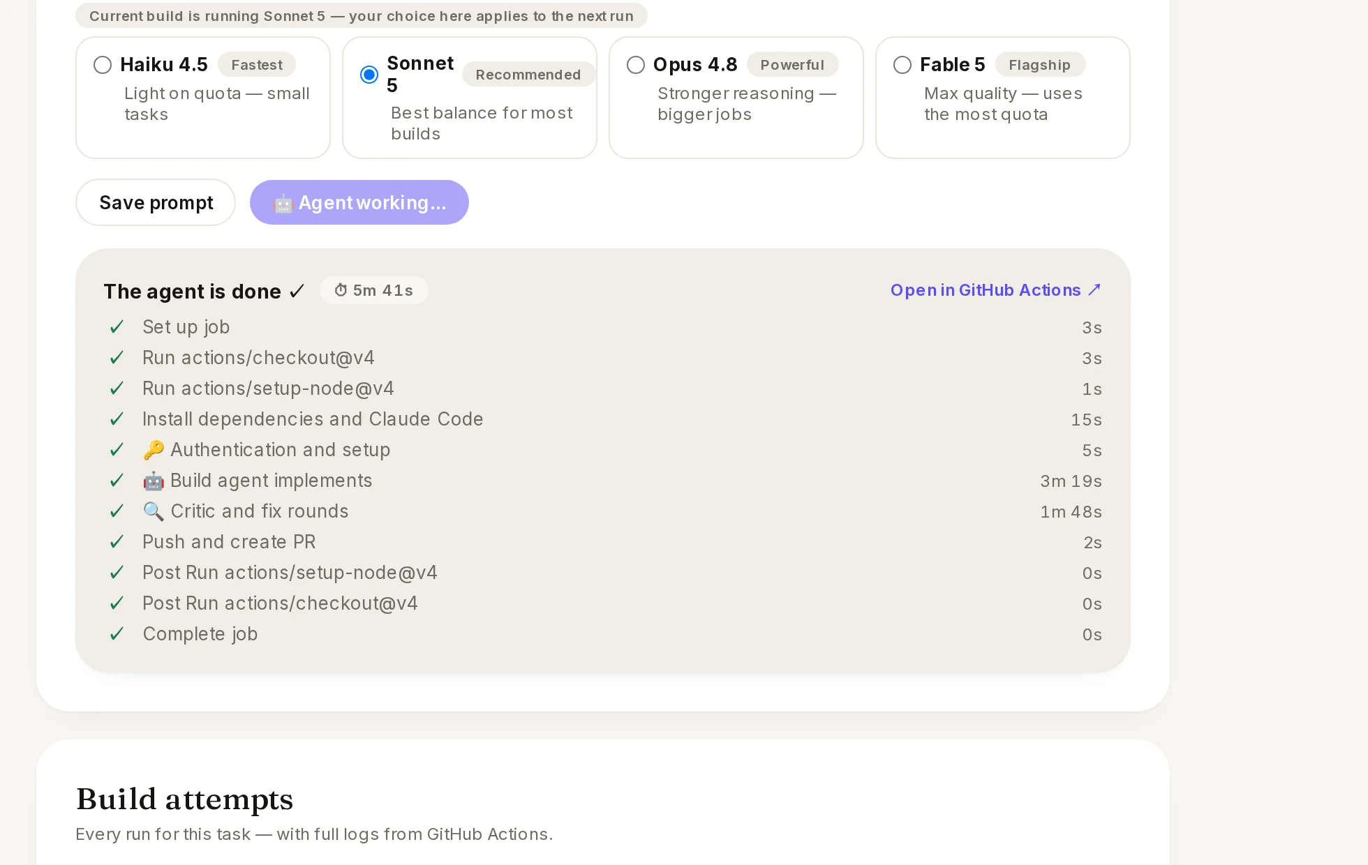 Screenshot from Fengo: Fengo Build shows progress step by step, an AI critic reviews the work, and a pull request opens with a plain-English explanation when the build is done.