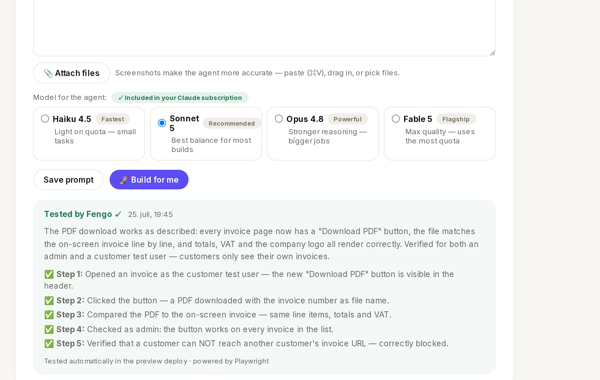 Screenshot from Fengo: the Tested by Fengo verdict with step-by-step results and screenshots as evidence, next to the plain-language test brief.